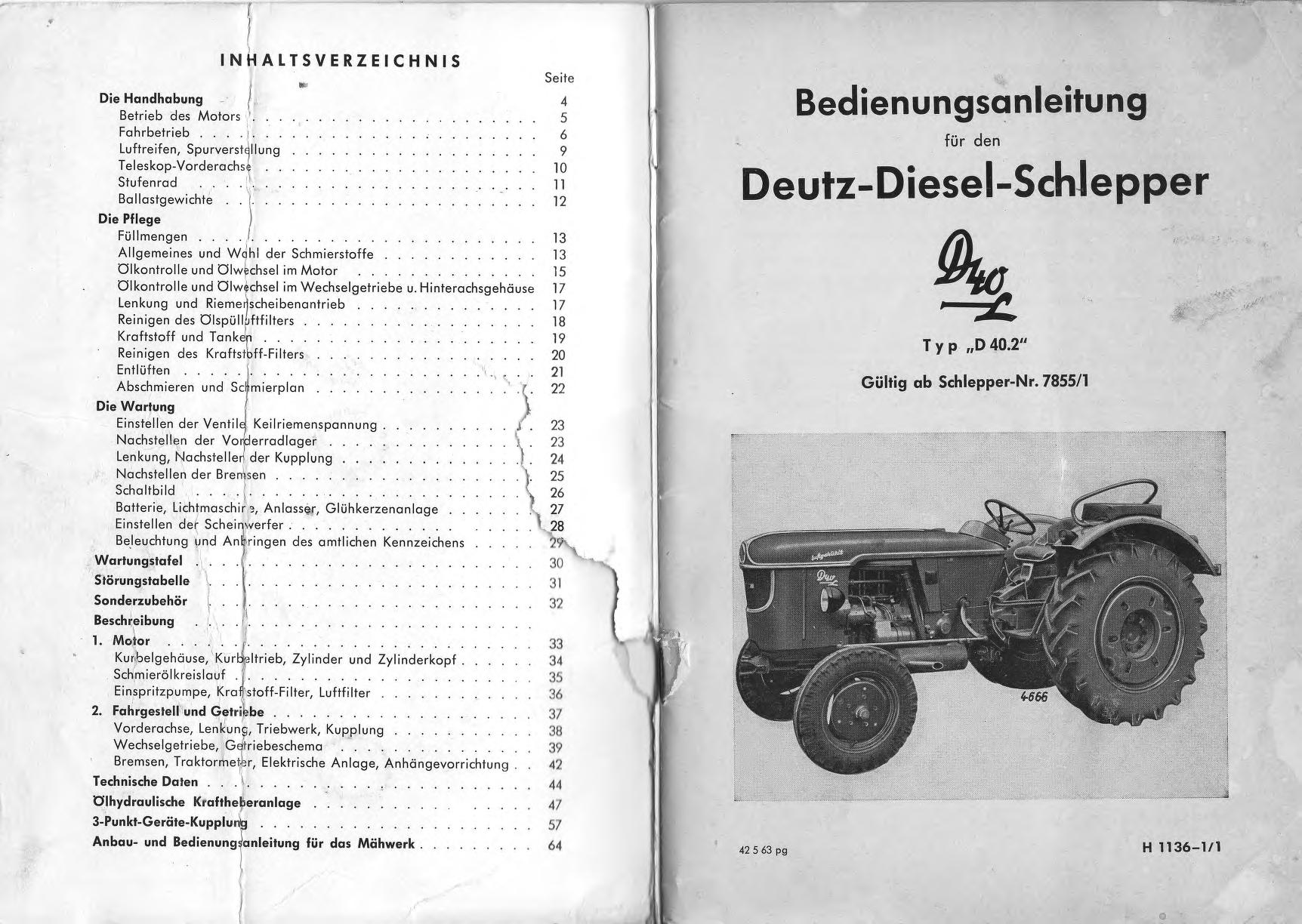 Deutz D40S Diesel Schlepper H1135-3 Traktor Bedienungsanleitung 